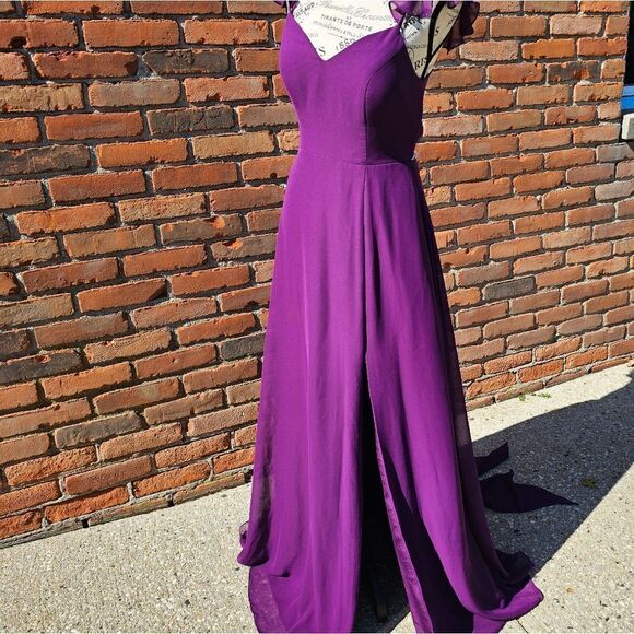 Azazie Ruffle Sleeve Burgandy Chiffon Floor Length Dress - Picture 4 of 16